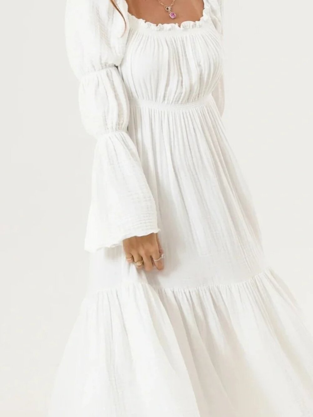 Nothing Fits But Seine Dress White Gauze Puff Sleeve Tiered Maxi